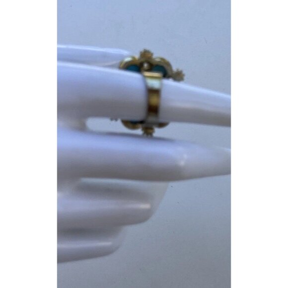 Vintage Size 6.5 Silver Oval Turquoise Pearl White Stone Faux Ring Western Style - Picture 7 of 11